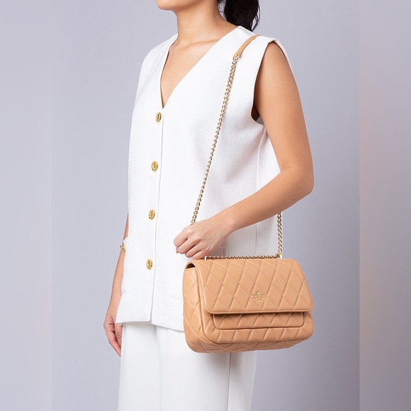 NWT Kate Spade Carey Quilted Medium Flap Shoulder Bag Tiramisu Mousse Leather
